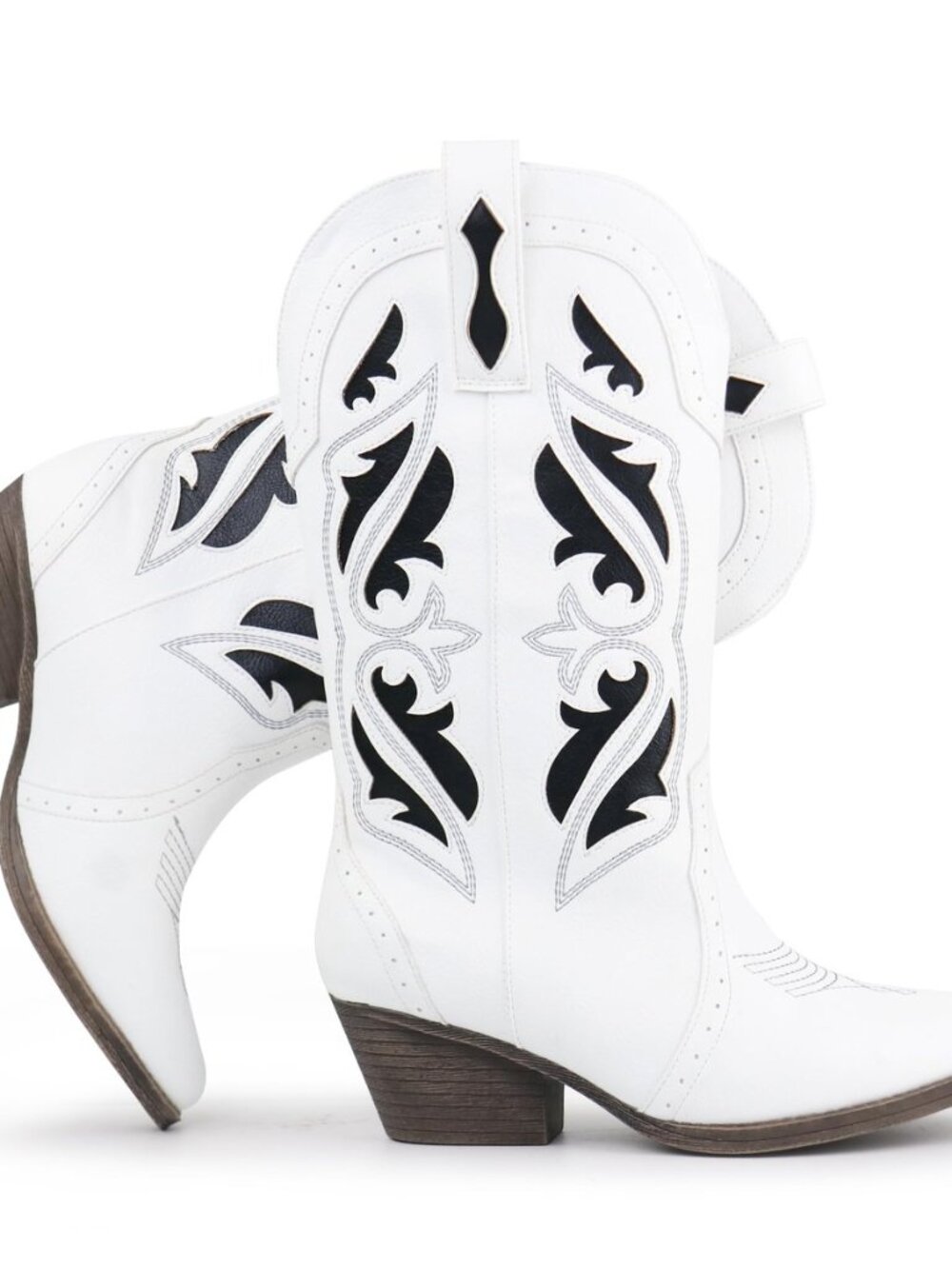 Women's Embroidered Stitched Mid Calf Cowboy Boots Pointed Toe Chunky Block Heel